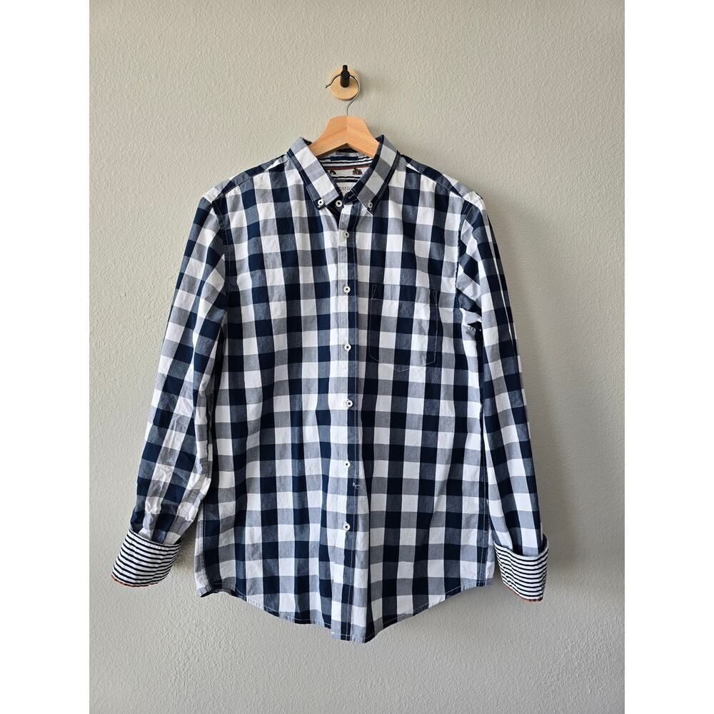 Denim & Flower Gingham Button Down Shirt M Navy White 100% Cotton Casual Preppy